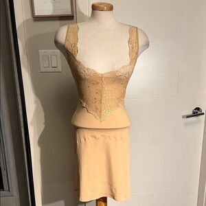 Elegant Vintage Style Lace Trimmed Beige Shapewear Slip Dress